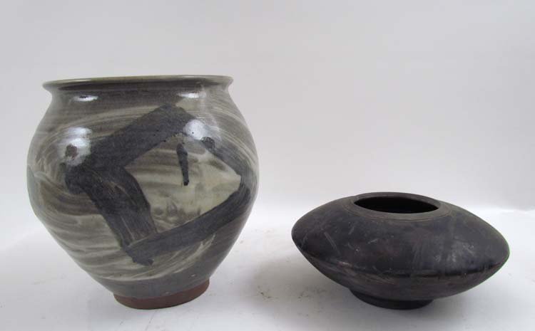 Kirk Mangus Vase with blackware vase: Artist: Mangus, Kirk (Contemporary American Ceramicist), with another pot inscribed Tucker Title: Grey Decorated Vase with low open mouth Native American Vase Medium: glazed ceramics Dimensions: 9 x 9