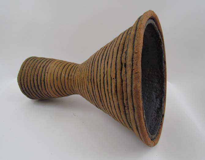 Elvira Peake clay sculpture "Funnel": Artist: Peake, Elvira L. (American, born circa 1935) Title: Funnel Date: circa 2000 Medium: fired clay Dimensions: 14 x 14 x 28 inches Description: Exhibited in the Society of Sculptors Annual