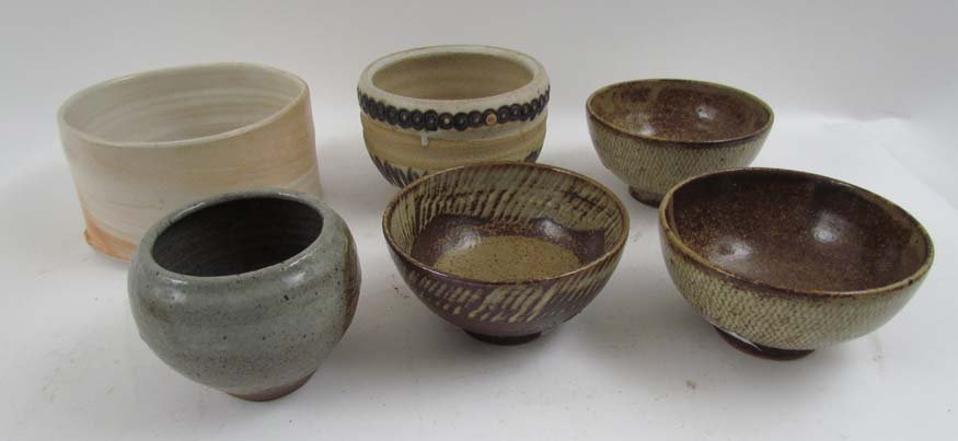 Collection of 6 Studio Arts Ceramic Bowls: Artist: Various Artists including Kirk Mangus Title: Collection of 6 Studio Arts Ceramic Bowls Dimensions: 4 x 7 x 6.5 inches Signature: many signed indistinctly Provenance: Elvira Peake Collection