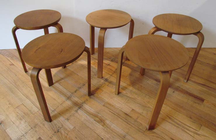 5 Alvar Aalto stacking stools: Artist: Aalto, Alvar Title: 5 stacking stools, from 2 different makes with varying tops Date: mid 1950's Dimensions: 17.5 x 15.25 x 15.25 inches Provenance: The Estate of Samuel Rosenberg and by desce
