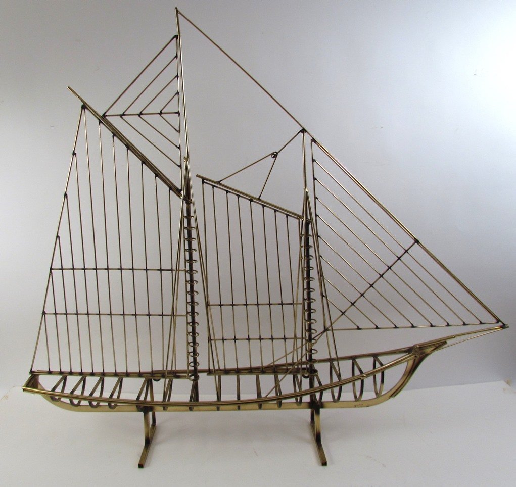 Curtis Jere large Brass sailing ship sculpture: Artist: Fels, Jerry (American, 1917-2007) & Freiler, Kurt (American 1910 - 2013) Title: Curtis Jere Large Brass Sailing Ship Sculpture Date: 1976 Medium: brass Dimensions: 41.25 x 47 x 7.5 inches D