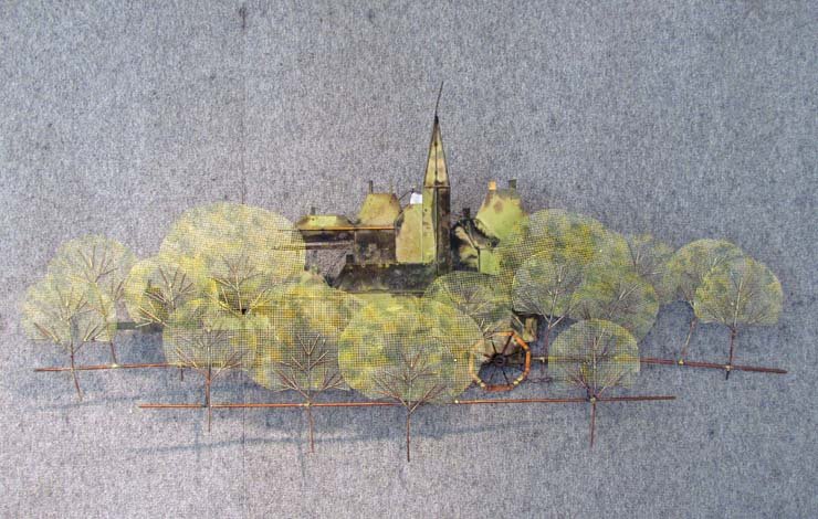 Curtis Jere Cityscape wall relief: Artist: Jere, Curtis Title: Cityscape with large trees Medium: metal Dimensions: 25 x 51.5 x 3 inches Signature: signed lower right
