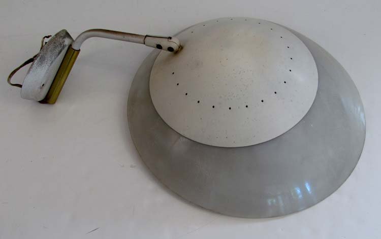 LIGHTOLIER Wall Sconce by G.Thurston ca. 1950s: Artist: LIGHTOLIER designed by Gerald Thurston Title: Wall Sconce Date: 1950's Medium: enameled metal arm, brass arm and plastic shade Dimensions: 20 x 16 x 10 inches Signature: with Lightolie