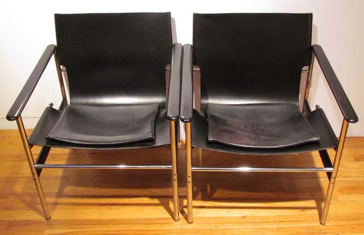 Charles Pollock Sling chairs model 657, pair : Artist: Pollock, Charles, for Knoll Title: Charles Pollock Sling chairs model 657, pair Medium: leather, chrome-plated steel, enameled aluminum Dimensions: 25 x 26 x 28.5 inches