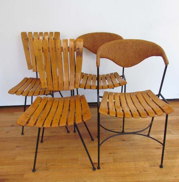 Arthur Umanoff for Raymor 4 Side chairs: Artist: Umanoff, Arthur () Title: Arthur Umanoff for Raymor 4 chairs with wood slats and wrapped twine backs. 2 with arms, 2 without Date: circa 1955 Medium: wood, twine, wrought iron legs Dimensions: