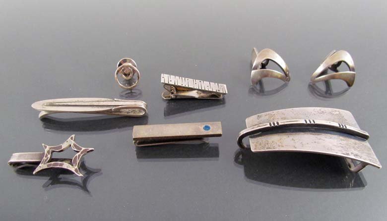 Silver G. Jensen Tie Bar, A.Slor Cufflinks & J. Brenner: Artist: Slor, Amos (Denmark active 1954-1973), Brenner, Jules (American 1917-1991) & Jensen, Georg (Denmark 1866-1935) Title: Danish Sterling Silver Georg Jensen tie bars, Amos Slor Danish Sterling Cu