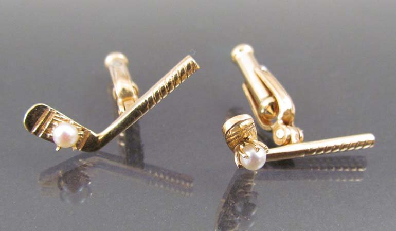 Golf Club Cufflinks with Pearl Balls: Title: Cufflinks, golf clubs with pearl golf balls, 14k gold Medium: pearl, 14k gold Dimensions: 6.0 grams total weight