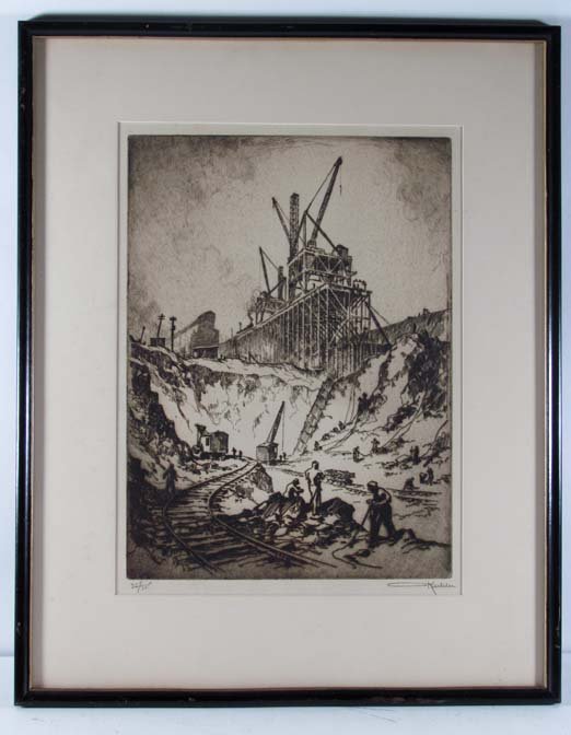 Otto Kuhler Safe Harbor Dam Construction 1930 etch: Artist: Kuhler, Otto (German/American 1894-1976) Title: Harnessing the Susquehanna at Safe Harbor, Pennsylvania Date: 1930 Medium: etching with plate tone Dimensions: 12.75 x 9.4 inches Edition: </