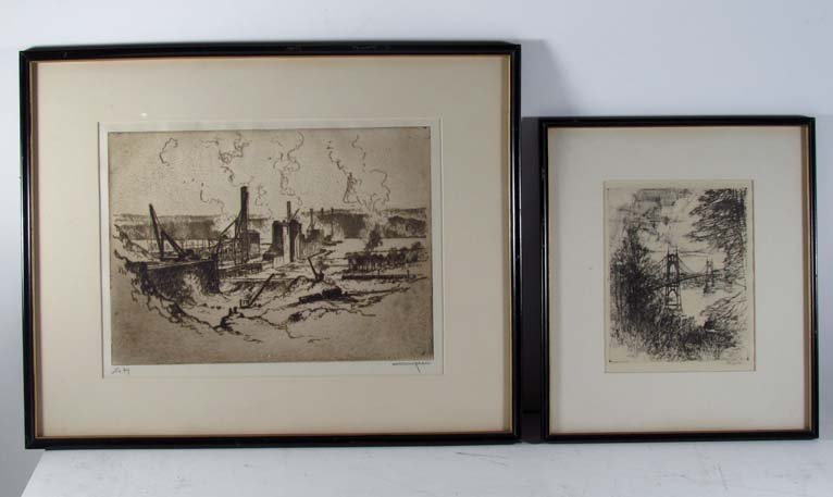 Kuhler "Harnessing the Susquehanna" w A H Mettel St: Artist: Kuhler, Otto (German/American 1894-1976); Mettel, A.H. Title: Harnessing the Susquehanna at Conowingo Maryland with St. John's Bridge, Portland Oregon Date: 1929 Medium: etchings Dimensions: