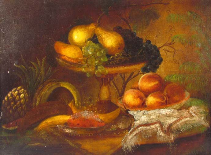 19th Century Continental School Tabletop Still Life: Artist: 19th Century Continental School Title: Table Top Fruit Still Life, Pineapple and Pears in a Rustic Compote Date: 19th century Medium: oil on canvas, relined Dimensions: 18 x 24 inches Signa