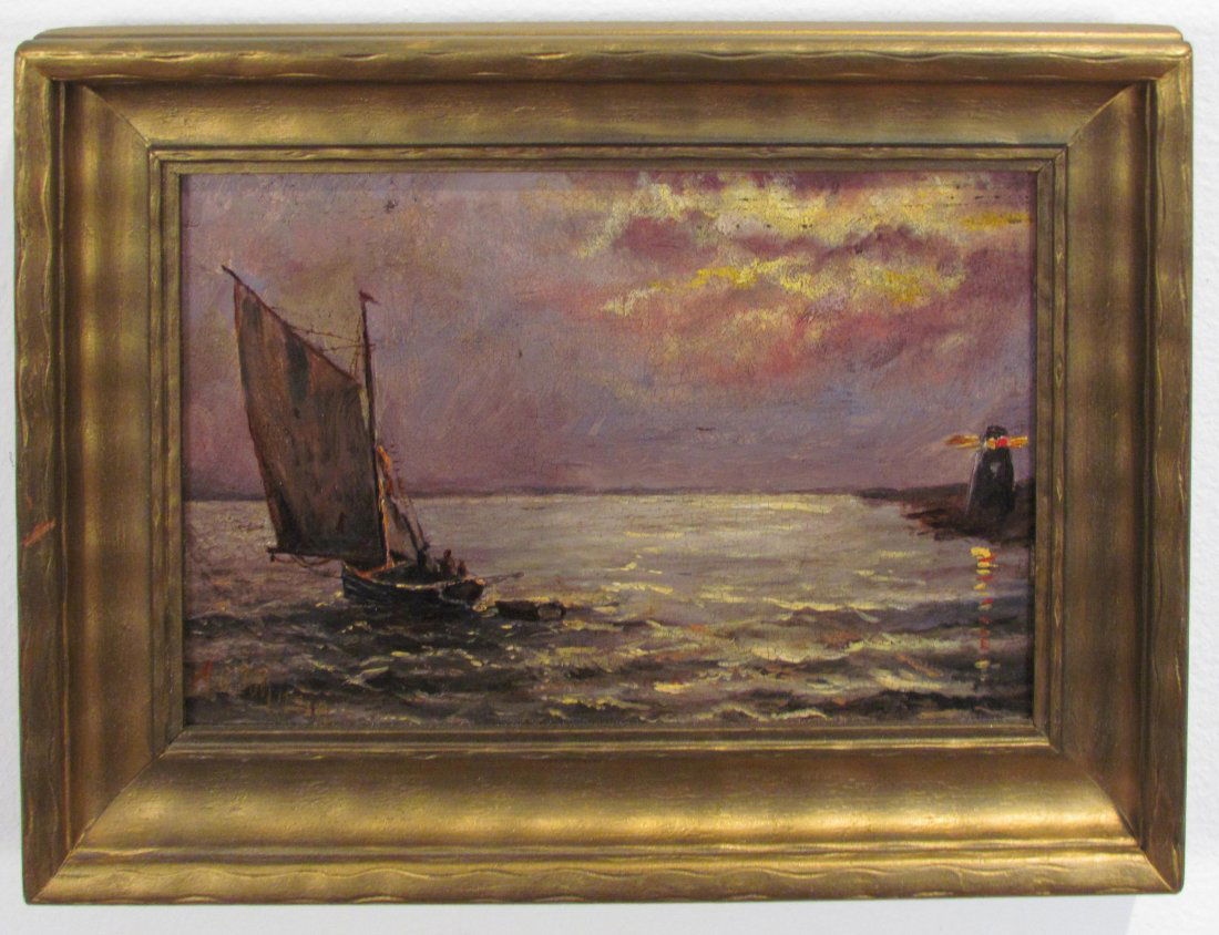Arthur Clark Johnson Sailboat and Lighthouse: Artist: Johnson, Arthur Clark (American, 1897-) Medium: oil on board Dimensions: 6 x 9 inches Frame Type: gold painted wood Frame Size: 9 x 11.5 inches