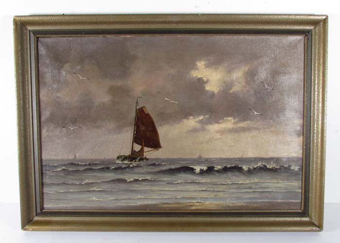 Alexander Charles Stuart ptg. Sailing on the Chesapeake: Artist: Stuart, Alexander Charles (1831 - 1898) Title: K W 2 Sailing in The Chesapeake Medium: oil on canvas Dimensions: 16 x 24 inches Signature: signed lower right Frame Type: wood frame fi