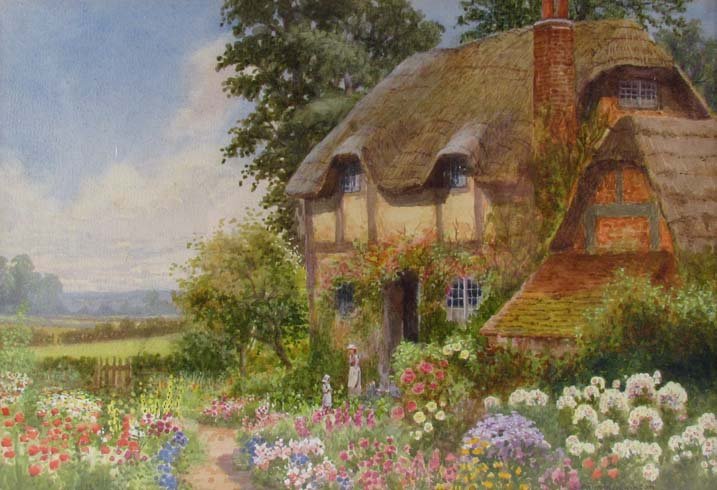 Arthur Stanley Wilkinson w/c Thatched Cottage w: Artist: Wilkinson, Arthur Stanley (circa 1860-1930) Title: Thatched Roof Tudor Cottage with Extensive English Gardens Date: circa 1900 Medium: watercolor Dimensions: 7.5 x 10.75 inches Signature: <
