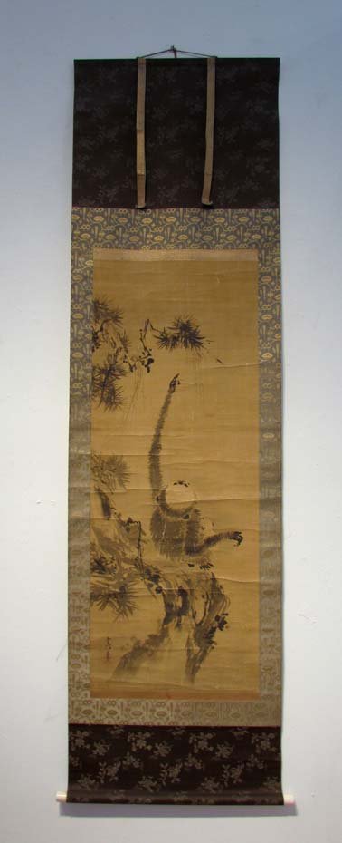 Japanese Scroll painting of Monkey in the Forest: In the Style of 狩野常信, Kanō Tsunenobu (1636-1713): Japanese painter of the Kanō SchoolTitle: Japanese Scroll painting of Monkey in the Forest Reaching for A Bud or
