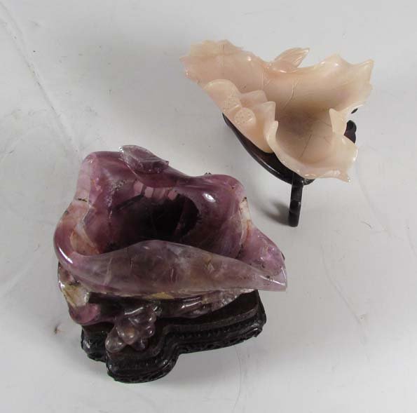 2 Vintage Chinese Calligraphy Dishes, carved: Title: 2 Sculpted Lotus Leaf and Flower Petal Chinese Calligraphy Dishes, carved Amethyst/Soapstone with fitted rosewood stands Dimensions: 2 x 5 x 3.5 inches