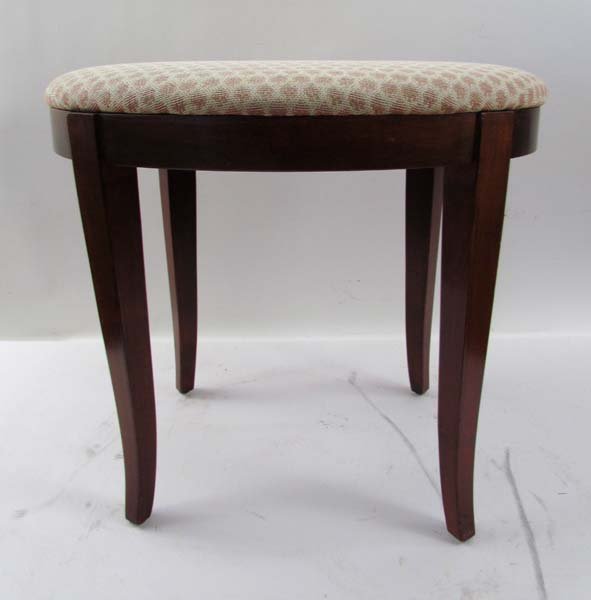 oval mahogany dressing table bench: Title: oval mahogany dressing table bench upholstered in puce and beige Dimensions: 16 x 19 x 15 inches Provenance: Jane Roesch Collection