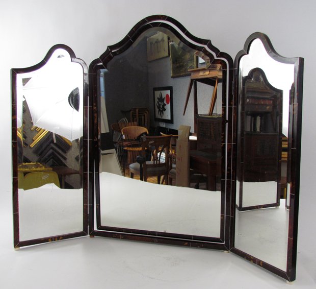 early 19th c. English Tortoise and ivory dressing table: Title: Early 19th century English 3-sectioned dressing table mirror; each section tortoise framed; beveled glass; the tops arched; the base with 4 ivory flattened-bun feet Dimensions: 32.5 x 41.75 inc