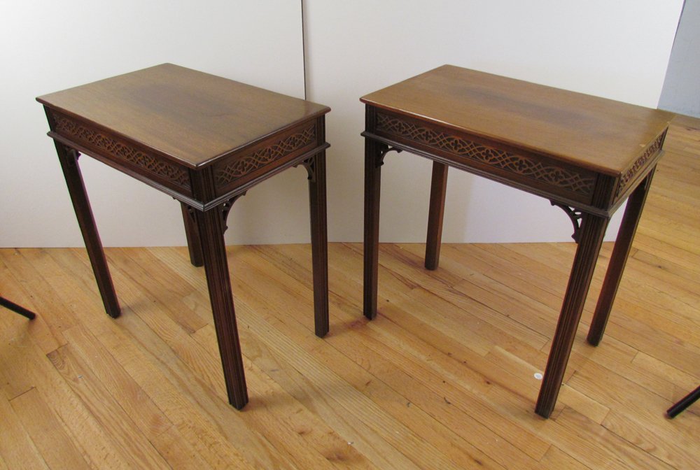 Pair Kittinger mahogany Chinese Chippendale side tables: Title: Pair Kittinger mahogany Chinese Chippendale side tables with fluted legs and beautiful detailing Date: first half of 20th Century Medium: mahogany Dimensions: 24 x 21.25 x 13.5 inches Signature