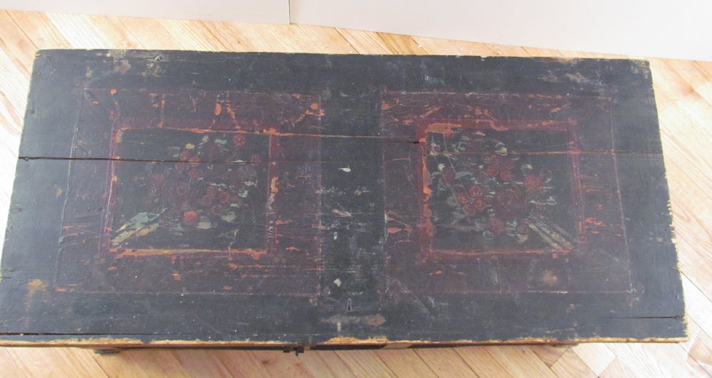 Painted Blanket Chest with Floral Decoration iron hinge: Title: Painted Blanket Chest with Floral Decoration on dark background and forged iron hinge Dimensions: 15.5 x 38.5 x 17.5 inches Provenance: Jane Roesch Collection