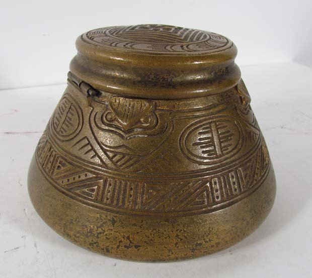 Tiffany Studios, Inkwell American Indian pattern, model: Artist: Tiffany Studios Title: Large Tiffany inkstand with the "American Indian" pattern with a domed bronze inkwell with hinged top Date: circa 1928 Medium: bronze Dimensions: 5.5 x 3.75 inches Si