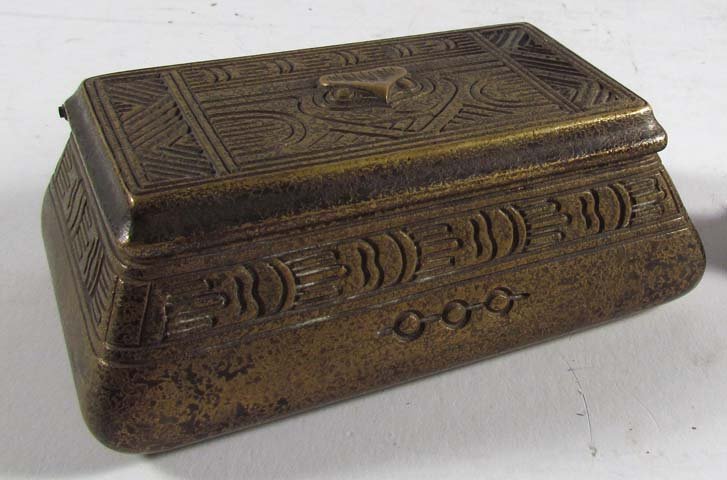 Tiffany Studios Stamp box, American Indian pattern,: Artist: Tiffany Studios Title: Tiffany Studios Stamp box, American Indian pattern, model #1184, dore bronze finish, Tiffany Studios stamp box, bronze in the American Indian pattern, original patina, s