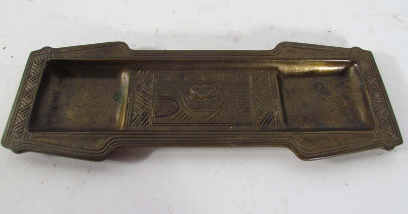 Tiffany Studios American Indian Bronze Pen Tray Indian: Artist: Tiffany Studios Title: Tiffany Studios American Indian Bronze Pen Tray Indian pattern, model #1185, dore bronze finish Dimensions: 11 x 3.5 inches Signature: Impressed "Tiffany Studios, New Yo