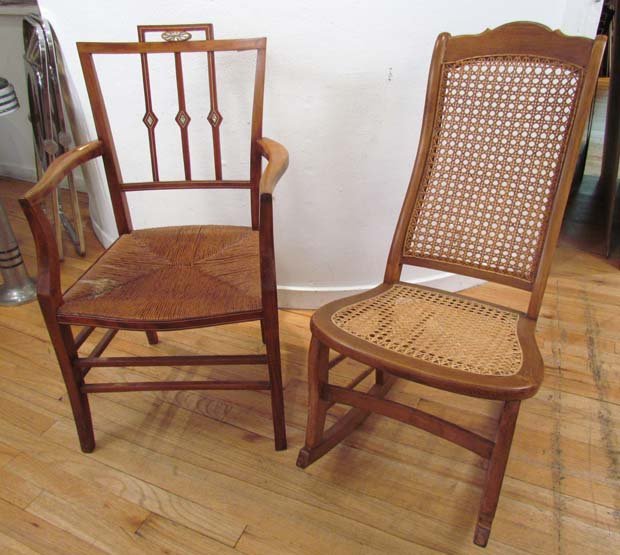 Aesthetic Style Chair with Rocker: Title: Aesthetic Style Chair with mother of pearl insets and rush seat, Cane Back Rocker Medium: wood, mother of pearl Dimensions: chair: 36 x 22 x 24 inches