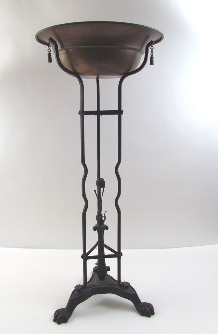 Oscar Bach wrought iron w copper bowl planter: Title: Oscar Bach wrought iron w copper bowl planter Medium: wrought iron and copper 36.75 x 16.5 x 16.5 inches and weighs 15 lbs.with attached Oscar Bach label on underside