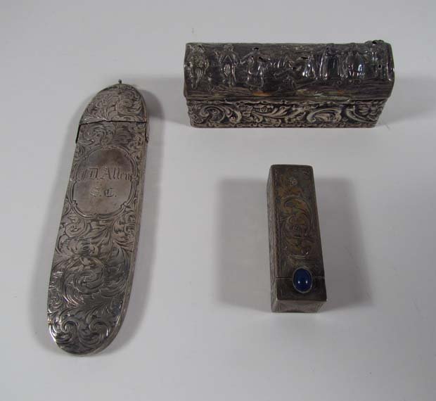 Assorted Group of Silver: Assorted Group of Silver including English Silver box, English Silver eye glass case, and 800 Lipstick Case
