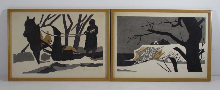 2 Kaoru Kawano color woodblocks "Rural Japan": Artist: Kawano, Kaoru (Japanese, 1916-1965) Title: One Snowy Landscape and One Farmer Plowing Date: 1960's Medium: color woodcuts Dimension: 10 x 15 inches Signature: both pencil signed an