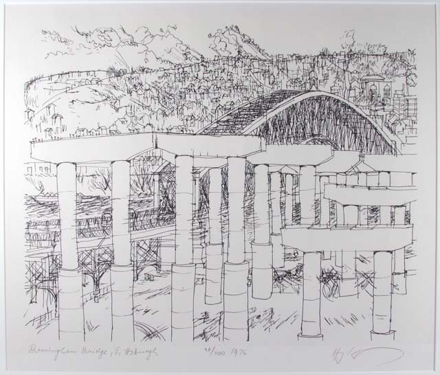 Henry Koerner Birmingham Bridge Pittsburgh, lithograph: Artist: Koerner, Henry (Austrian/American 1915-1992) Title: Birmingham Bridge Pittsburgh Date: 1976 Medium: lithograph Dimension: 16 x 20 inches Edition: 99/200 Signature: penci