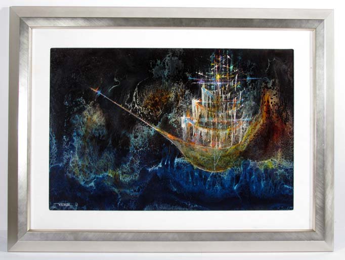 Leonardo Nierman "Fantasy Ship" painting: Artist: Nierman, Leonardo M. (Mexican, born 1932) Title: Mystic Ship Date: 1963 Medium: oil on panel Dimension: 16 x 23.5 inches Signature: Signed and dated lower left Frame Type: <