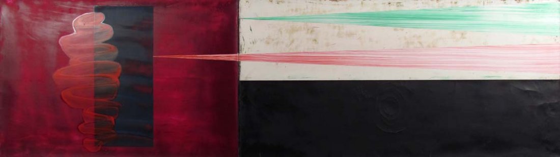 David Reed oil painting. " 180-2" (Another! That: Artist: Reed, David Fredrick (American, born 1946) Title: 180-2 (diptych) (Another! That Familiar Self) Date: 1981-83 Medium: Oil and alkyd on Canvas Dimension: 14 x 49 inches Description: </