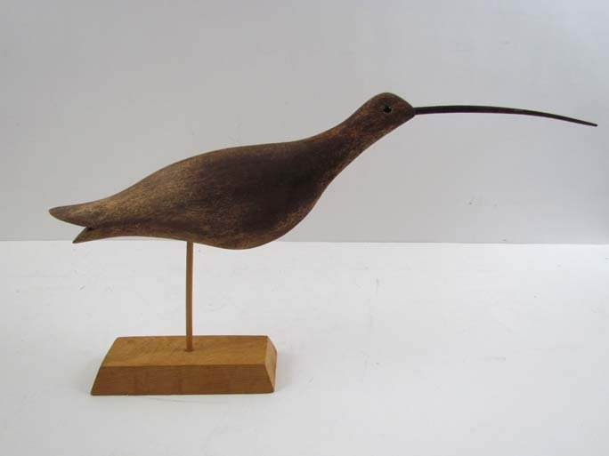 Bill Walker carved wood Standing Curlew: Artist: Walker, Bill (is a native of the Eastern Shore of Maryland, where he once worked as a waterman. ) Title: Standing Curlew Medium: polychromed wood Sculpture Dimension: 13 x 21 x 3 inches Signat