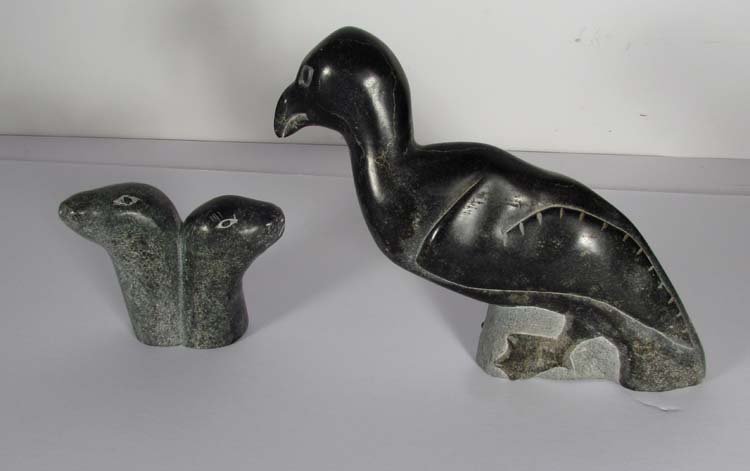 2 Eskimo Inuit sculptures "Bird" & "Double Walrus Head": Artist: Adamie Pafaialuk (Walrus Carver) Title: 2 Eskimo Inuit carved soapstone sculptures "Bird" & "Double Walrus Head" Date: 1977 (Walrus heads) Medium: carved soapstone Dimension: 8 x 10.5 x 2 inc