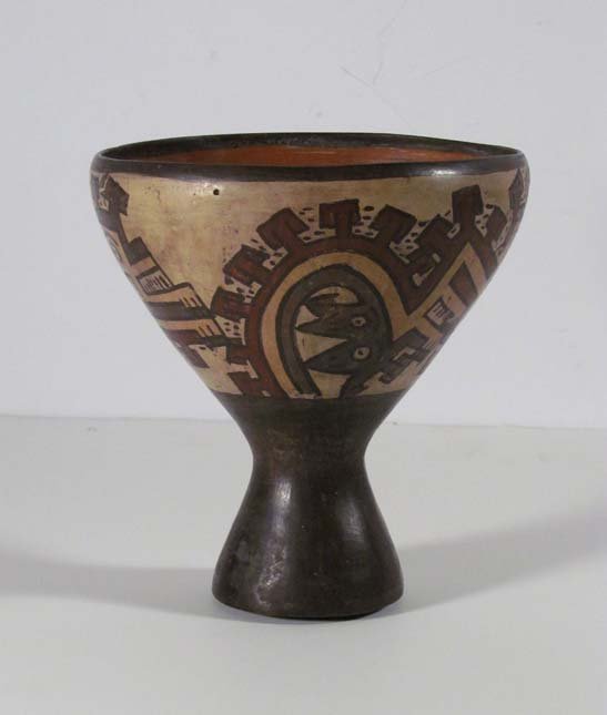 Nazca Polychrome pottery Vessel with flared Rim: Title: Nazca Polychrome pottery Vessel with flared Rim and Underworld decoration Medium: glazed earthenware ceramic Dimension: 7 x 6.75 x 6.75 inches
