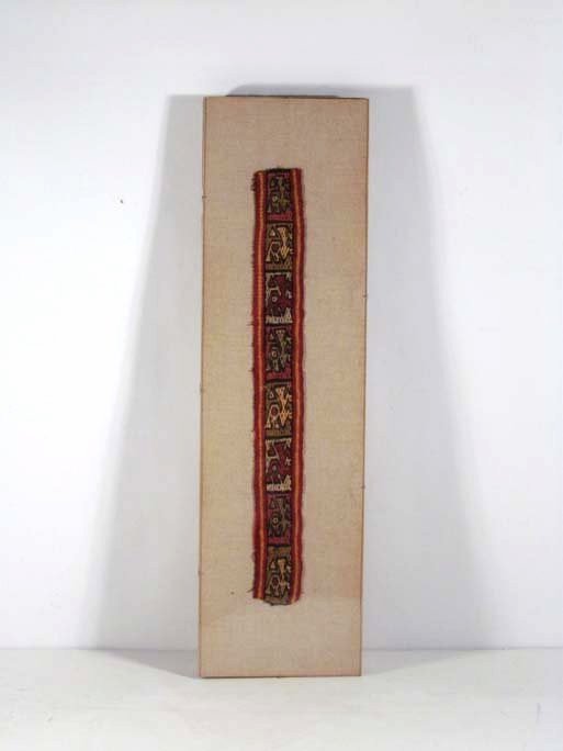 Chancay Culture Peruvian Tapestry Fragment: Title: Peruvian Woven Tapestry Fragment Chancay Culture Date: with attached label "circa 1300" Medium: textile Dimension: 17 x 2 inches Frame Type: Kulicke Glass Frame Frame Size: 23 x 6.5