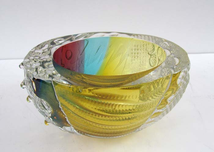 Leon Applebaum art glass "Texture Bowl": Artist: Applebaum, Leon (American, born 1945) Title: Texture Bowl Date: circa 1995 Medium: Blown and gathered glass Dimension: 5 x 8.25 x 8.75 inches Signature: incised with signature on u