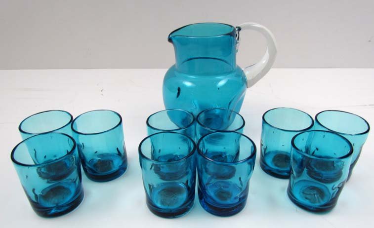 Blenko cordial set with 10 glasses: Artist: Blenko Title: Blenko cordial set with 10 glasses, pitcher Medium: blow glass Dimension: Pitcher: 7 inches high
