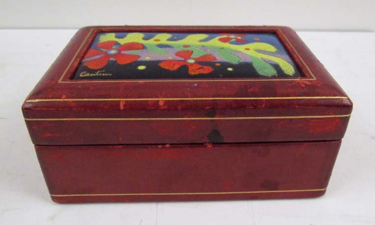 Lucille Cantini leather box with enamel on metal inset: Artist: Lucille, Cantini (American, d. 2008) Title: leather box with enamel on metal inset of Flowers and Tree Medium: leather box with enamel on metal inset Dimension: 5 x 3.5 x 2.5 inches Signature: