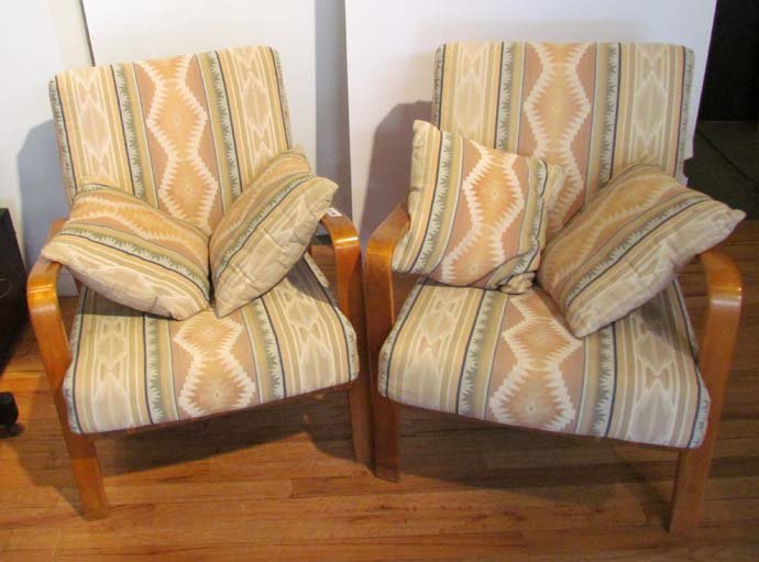 Pair of Alvar Aalto Arm Chairs: Artist: Aalto, Alva, Possibly for Artek-Pascoe Title: Pair of Webbed Arm Chairs Medium: wood, nylon webbing Dimension: 29 x 23 x 36 inches