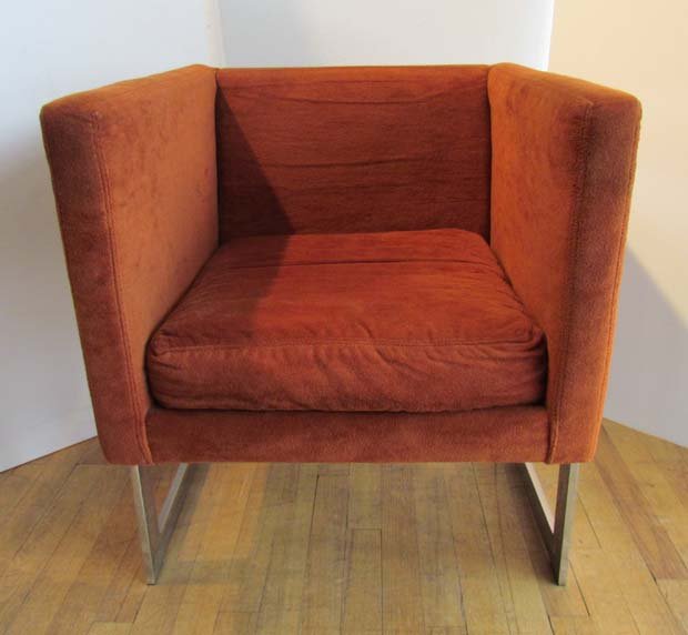 Milo Baughman floating cube chair: Artist: Baughman, Milo (American 1923-2003) Title: Milo Baughman Floating Cube club chair Date: ca 1970's Medium: chrome, upholstery Dimension: 28 x 23 x 26 inches Signature: label on unde