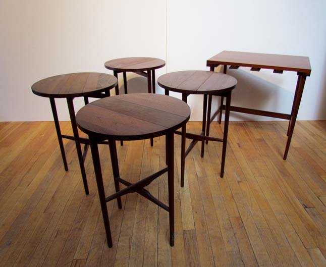 Gio Ponti/Singer & Sons Walnut Nesting Table Set: Artist: Gio Ponti for Singer & Sons Title: Walnut Nesting Table Set with four pull out round tables under a rectangular holding table Medium: walnut Dimension: 23.5x 24 x 17.5 inches