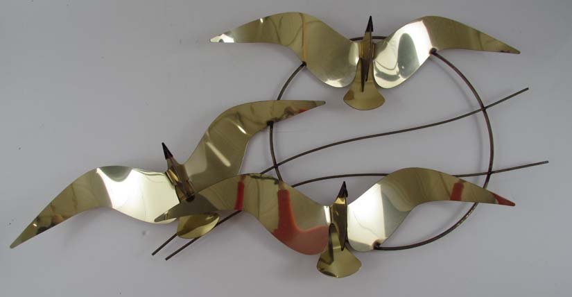 Curtis Jere Seagull Wall Relief: Artist: Jere, Curtis (Fels, Jerry (American, 1917-2007) & Freiler, Kurt (American 1910 - 2013)) Title: Seagull Wall Relief Date: 1985 Medium: brass Dimension: 21 x 43 x 5 inches Signature: