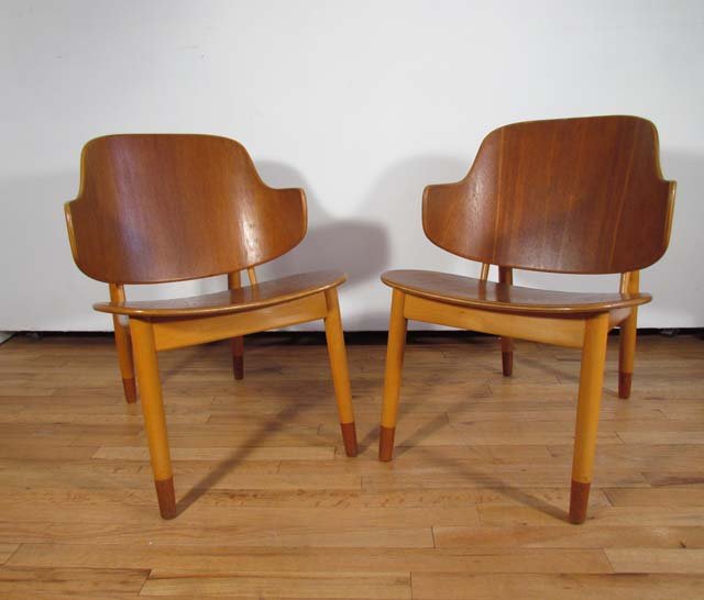 Pr of Kofod-Larsen teak/beech chairs: Kofod-Larsen Pr of teak/beech chairs, c. 1960 28.5 x 24 x 21.25 inches stamped "Made in Denmark" on underside