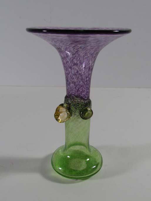 Kosta Boda glass vase by Bertil Vallien: Bertil Vallien for Kosta Boda Green and Violet glass vase 7.25 x 4.25 x 4.25 inches "Kosta Boda; Artist Coll; B. Vallien; 48176" etched on bottom; Kosta Boda label on base
