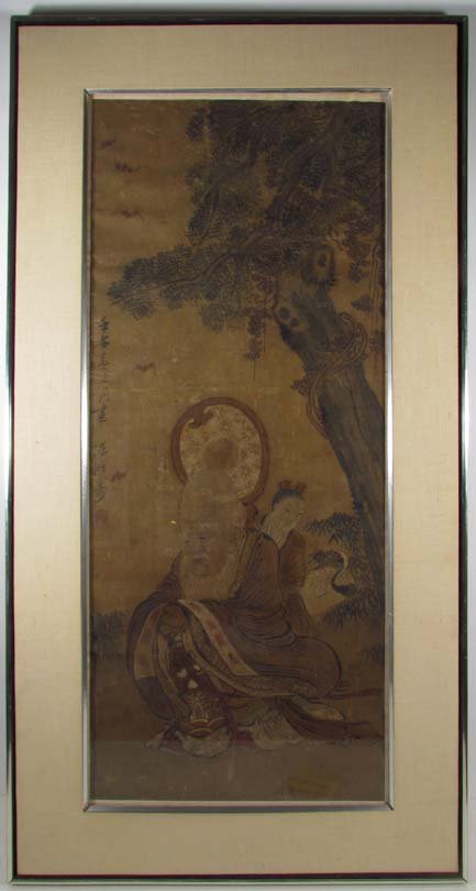 Qing Scroll Painting by Chen Hongshou "God of Longevity: Artist: attributed to Chen Hongshou (Chinese 1768-1822) Title: God of Longevity in a Landscape Date: March 1822 Medium: brush painting on silk Dimensions: 36.5 x 15.25 inches Signature: si