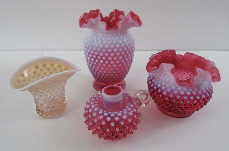 4 Pcs VICTORIAN OPALESCENT HOBNAIL, 2 Ruffed Vases : Artist: Probably Fenton Title: 2 Ruffed Vases, Hobnail Candlestick Holder, opalescent and Amber small Vase Dimensions: largest 8 inches tall