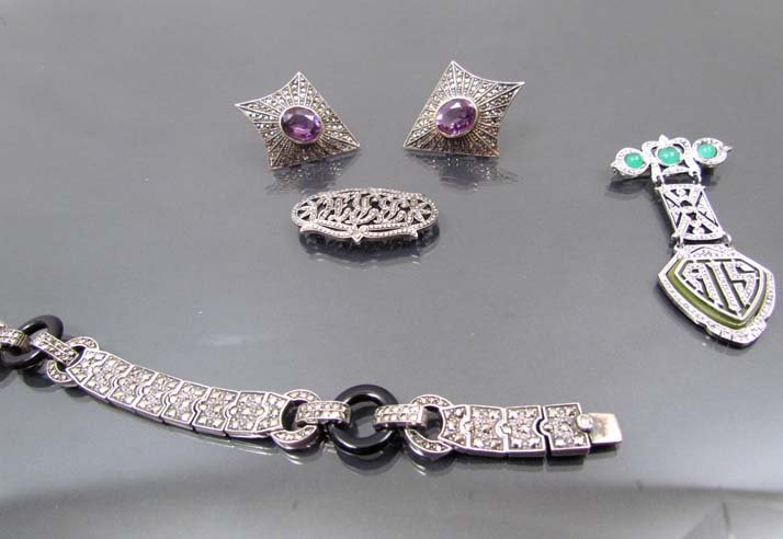4 pcs Vintage Art Deco Marcasite Jewelry with Various S: Title: 4 pcs Vintage Art Deco Marcasite Jewelry with Various Stones including amethyst Medium: marcasite, various stones Dimensions: 43.5 dwt
