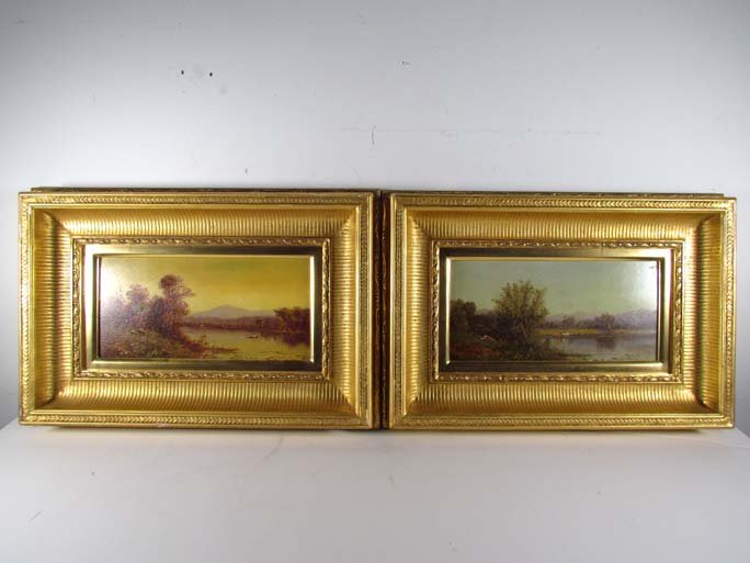 2 Hudson River Landscapes attrib. to Albert Fitch: Artist: Bellows, Attributed to Albert Fitch (1829-1883, American) Title: River Landscape with Boater & Cows Watering in the River's edge Date: late 19th Century Medium: oil on board Dimensions: 6" ht